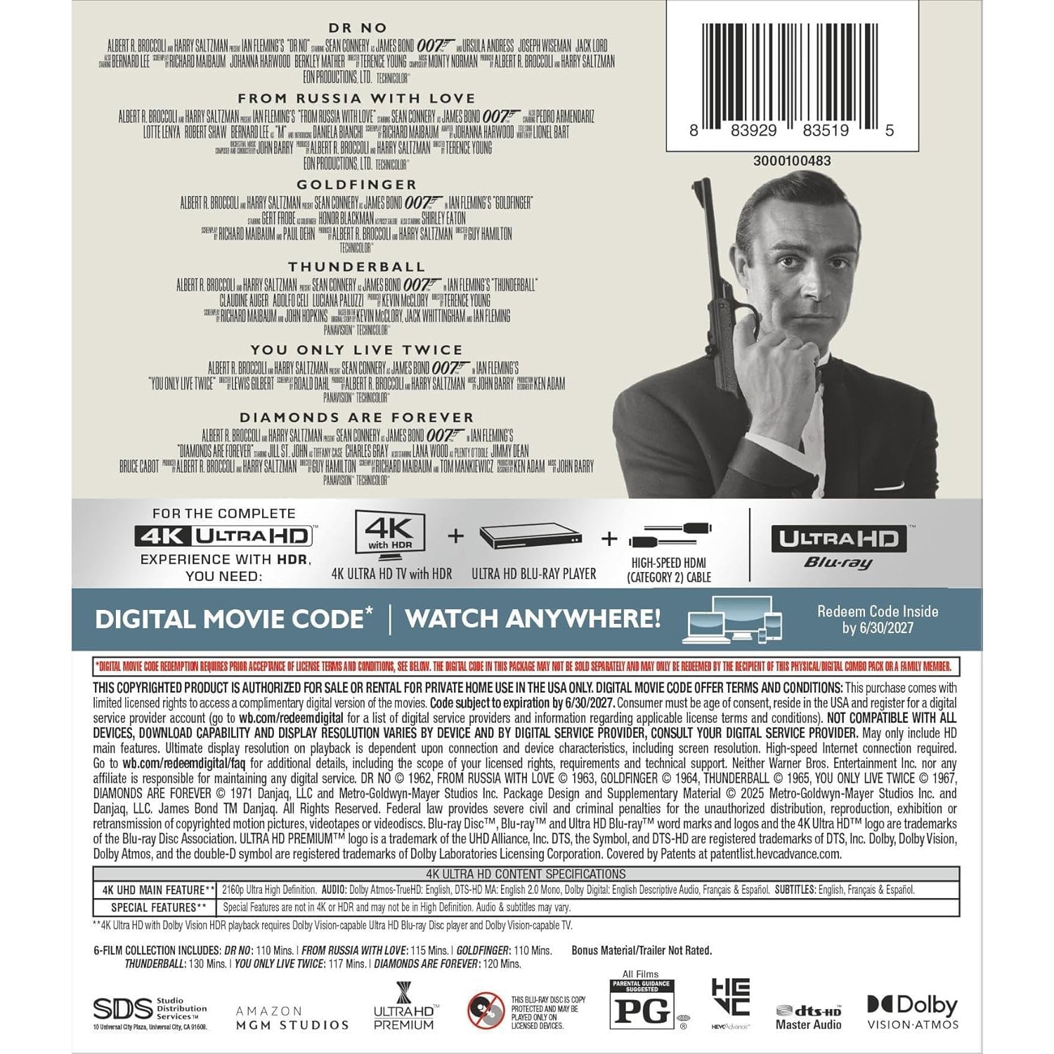 007: Джеймс Бонд - Шон Коннери: Коллекция 6 фильмов (англ. язык) (4K UHD Blu-ray)