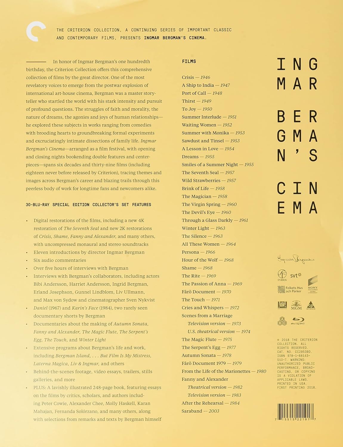 Ingmar Bergman's Cinema (англ. язык) (30 Blu-ray + Книга) (Criterion)